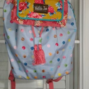 Matilda Jane Blue Backpack with Multicolor Polka Dots
